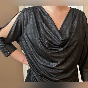 Elegant Ellen Tracy XL black/ silver shiny top with cold shoulders.